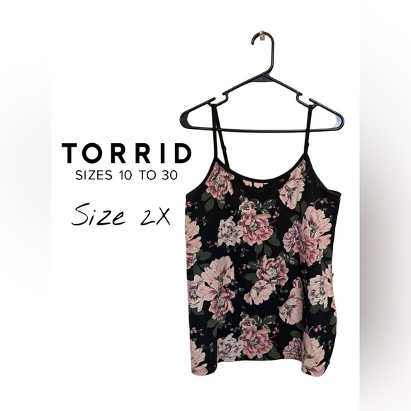 torrid Tops - 🌸 Torrid Foxy Floral Cami 2X Black Pink Rose Stretch Tank Adjustable Straps 🌸